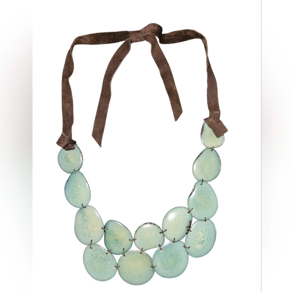 Handmade Green Aqua Stone/ Brown Suede  Ribbon Bib Style Statement  Necklace